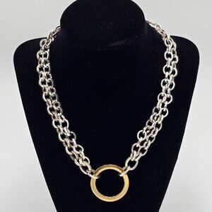 Napier Multi Tone Heavy Link Double Chain 16" Necklace w/ Gold Circle Pendant